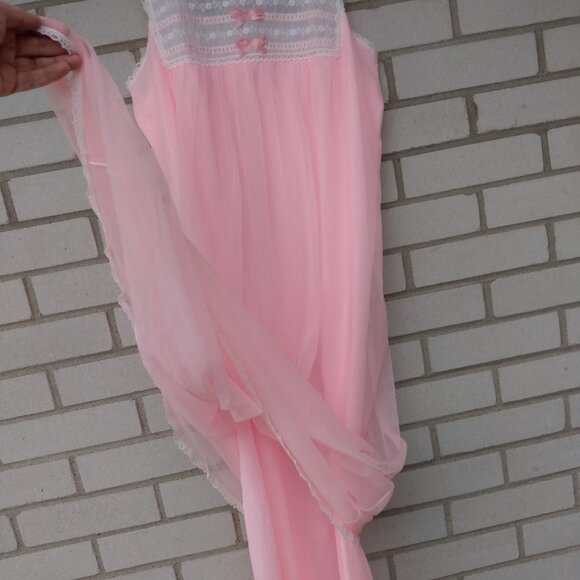 Vintage Pink Nylon Chiffon Nightgown Long Nightie 36"B Small Slumber Suzy Sheer - Picture 5 of 9